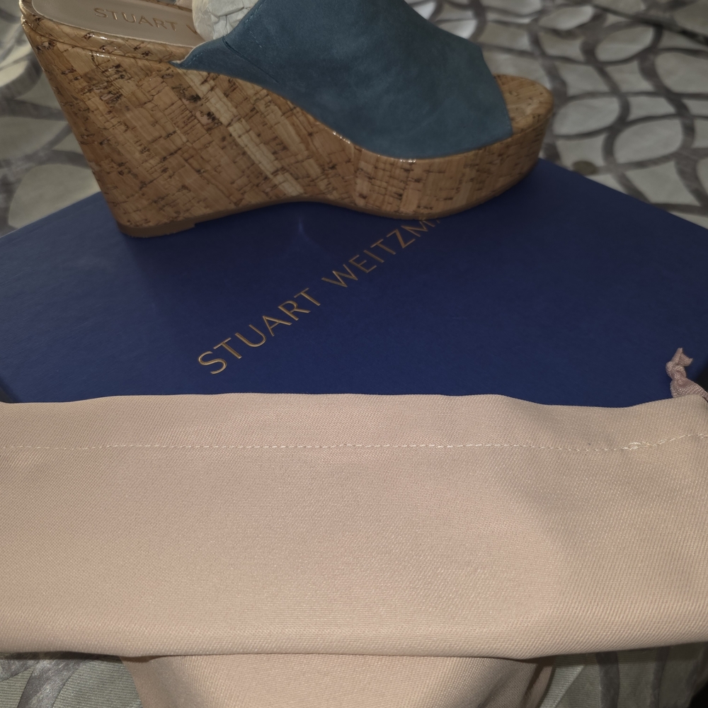Stuart Weitzman Teal Suede Cork Wedges